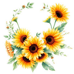 Obraz premium A beautiful bouquet of bright yellow sunflowers with green leaves on transparent background