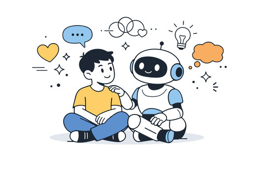 The psychology of human-robot relationships. A human and a friendly robot sitting side by side, calmly interacting and sharing attention.