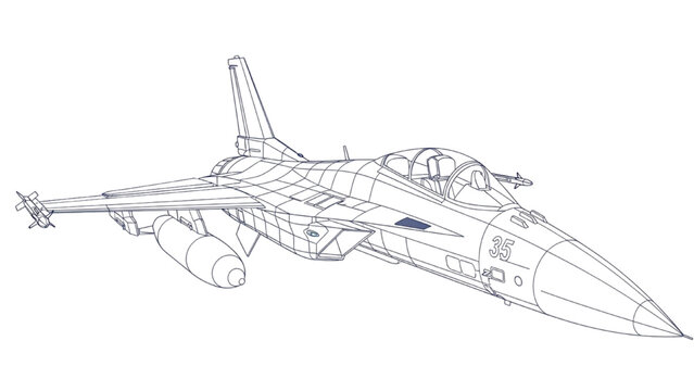 Detailed vehicle autocad blueprint of a fighter jet aircraft in technical drawing
