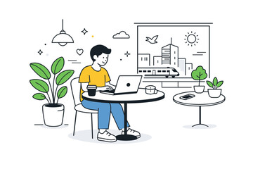 Fototapeta premium Modern city living. A person working on a laptop in a cafe with plants, windows, and urban elements nearby. Relaxed, contemporary lifestyle with focus on