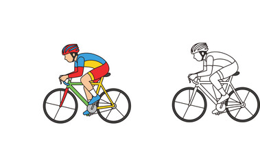 Fototapeta premium Flat vector illustration of a professional cyclist riding a racing bicycle, featuring both a colorful version and a black and white line art outline design.