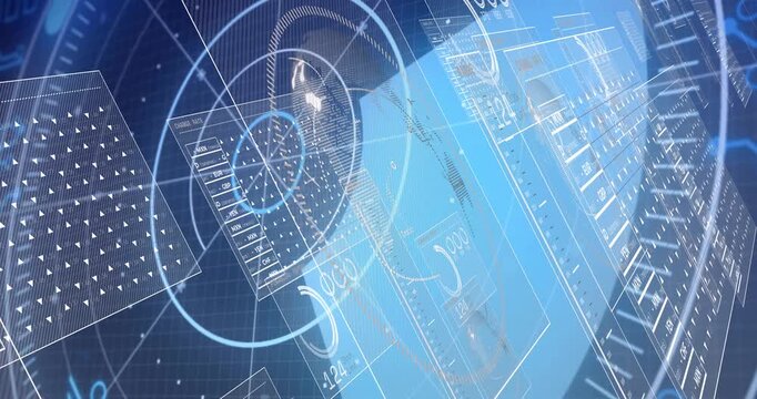 Central blue 3D prism rotating as camera orbiting clockwise showing HUD panels and system data