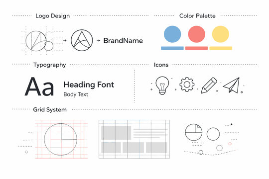 Creative branding system. Abstract presentation of brand guidelines with grids, icons, and typography samples. Thoughtful design process,