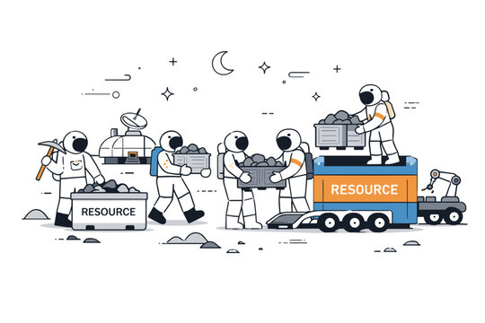 Lunar Resource Extraction. Space resource utilization concept. Astronauts loading extracted materials into containers, with a small lunar base in the