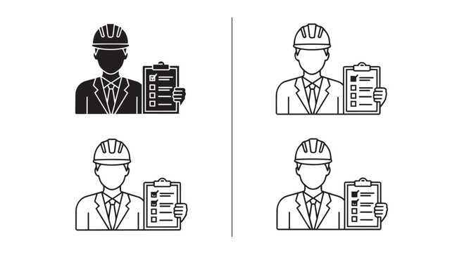 Engineer with clipboard and shield icon set. Includes solid black and outline versions of a construction worker holding a checklist and a protective shield. Created in flat style with a