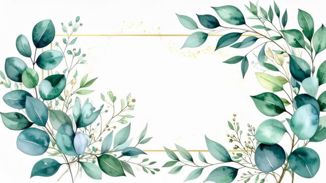 Elegant watercolor eucalyptus border with golden glitter accents for invitations and backgrounds