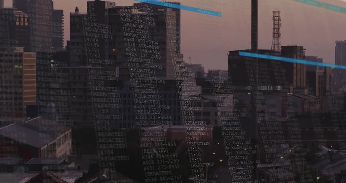 Third frame starting data columns scrolling over dusk skyline, cyan bars sweeping showing data