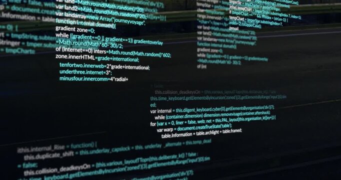 Red streak sweeping, code columns shifting and focusing, revealing JavaScript to highlight flow