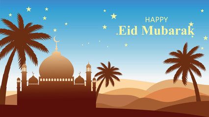 Happy Eid Mubarak Greeting Card with Mosque Silhouette and Palm Trees Landscape