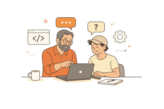 Ethical open-source mentorship. A senior contributor helping a newcomer understand the codebase or tools, showing calm, inclusive guidance. The scene feels