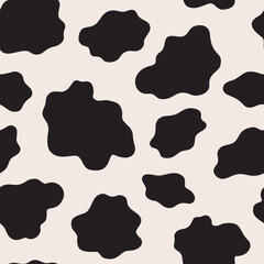 Classic black and white cow print seamless pattern. Minimalist dalmatian spots or animal skin vector background for textile or wrapping paper