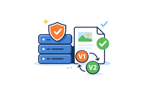Organized Digital Storage. Digital asset management representing long-term storage, version control, and content reliability. A calm editorial illustration