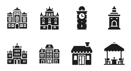 Fototapeta premium Silhouette cityscape: iconic buildings, shops, and cafes