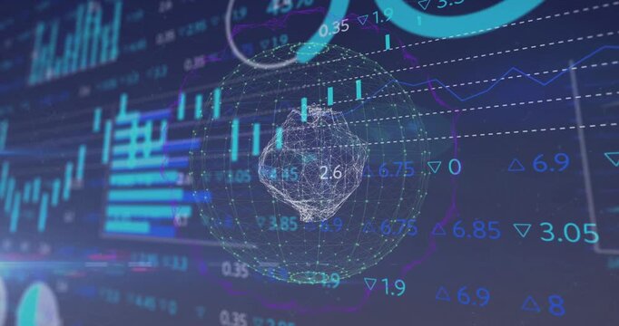 On market tick wireframe sphere rotating and pulsing while candles and bars animating, showing data