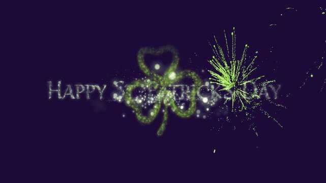 Center green spark bursting, forming shamrock and revealing HAPPY ST