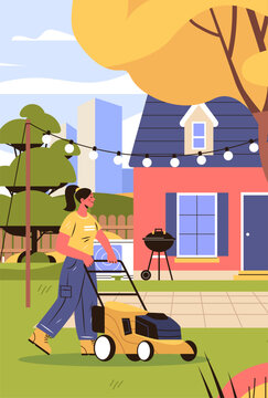 Woman mowing lawn backyard gardening house outdoor landscape modern home equipment trees barbecue patio summer scene