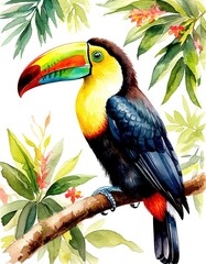 Fototapeta premium A toucan perched on a branch among foliage and flowers. Watercolor illustration of a bird portrait