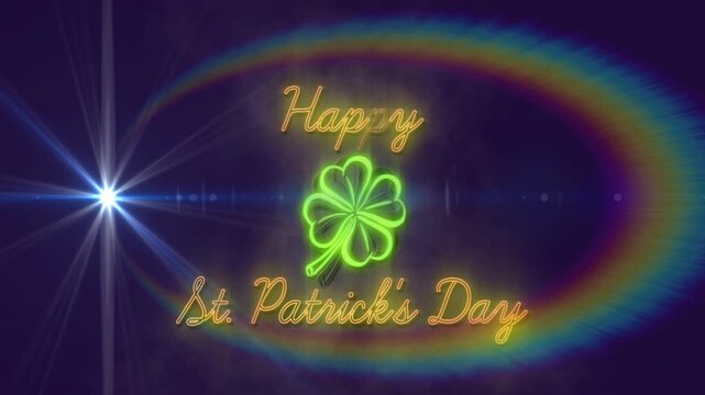 Neon sign glowing clover tracing green blue flare rising left causing burst marking St