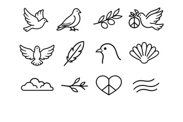 Dove. Line icon set of Dove: dove bird flying, dove perched, olive branch, peace symbol dove, wings spread, feather, beak profile, tail