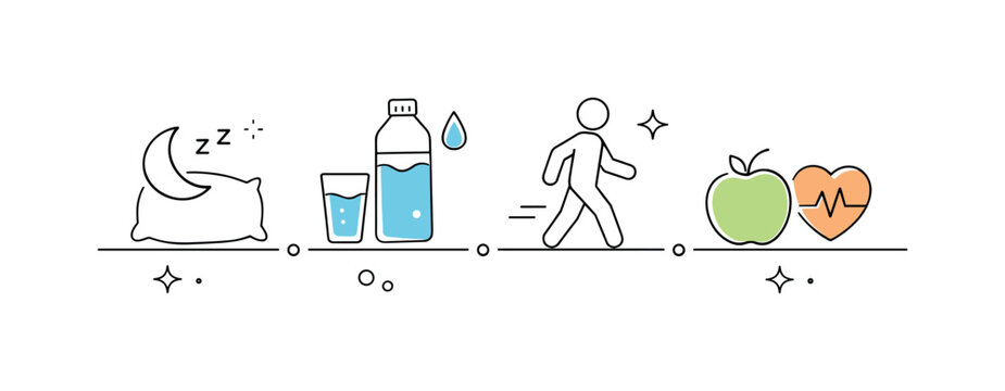 Preventive health concepts. Abstract timeline of healthy habits like sleep, hydration, and movement represented by simple icons in calm