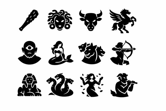 Mythic characters. Solid icon set of mythic characters: Hercules club, Medusa head, Minotaur, Pegasus, Cyclops, Siren, Cerberus, Centaur bow, Sphinx, Hydra,