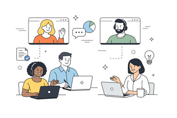 Corporate meeting ? remote collaboration. Team members connected through laptops and floating video call windows, showing modern hybrid work.