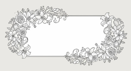 Fototapeta premium Elegant Hand Drawn Floral Frame with Roses and Lilies for Wedding Invitation