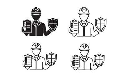 Safety engineer icon collection. Includes worker with hard hat, clipboard, and shield symbols. Created in solid and outline styles with a black and white palette.