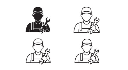 Mechanic and repair service icon collection. Includes worker with wrench in solid and outline styles. Created in black and white flat style with monochrome palette.