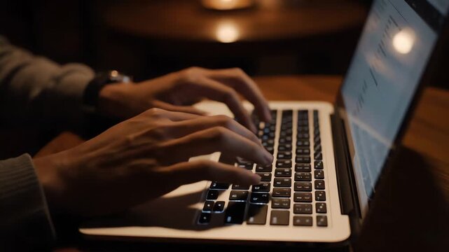 Person typing on laptop in dimly lit room for remote tim collaboration work