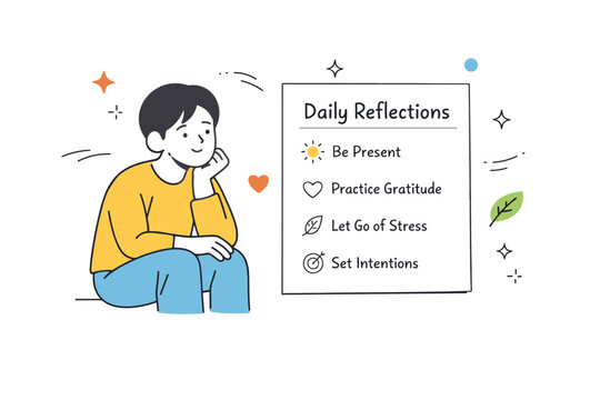 Mindful daily reflection. A person pauses and thinks while looking at a short list of thoughts, capturing awareness and inner clarity. The