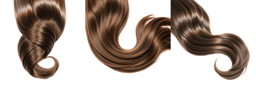 Professional Brown Hair Curls Set - Realistic 3D Illustration of Shiny Wavy Hair Extensions and Brunette Tresses Isolated on White Background for Beauty and Salon Concepts