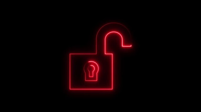Neon red open padlock with glowing keyhole on black background security symbol warning sign
