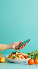 person streaming a cooking tutorial on their phone - learning to cook new dishes in the comfort of their own kitchen vertical - blue background