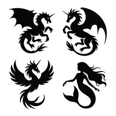 Naklejka premium A set of mythical creatures in silhouette, including dragons and a mermaid