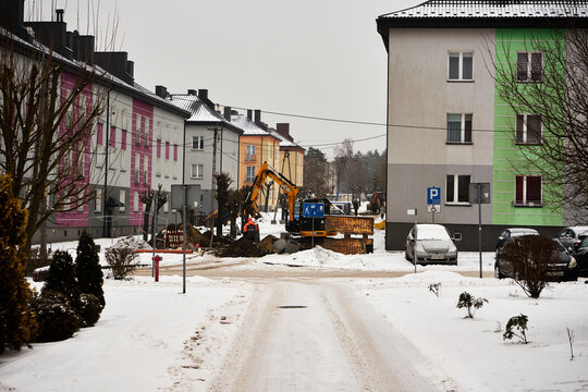 miasto,prace drogowe,zima 