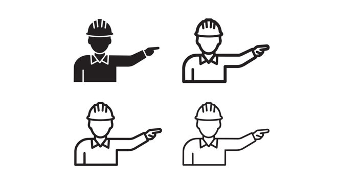 Construction worker pointing icon collection. Includes worker with hard hat pointing right in solid and outline styles. Created in black and white minimalist style with monochrome palette.