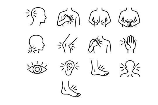 Pain zones. Line icon set of Pain zones: head pain, chest pain, back pain, stomach pain, neck pain, knee pain, shoulder pain, hand pain, foot