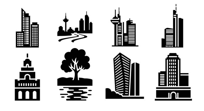 Modern cityscapes and landmarks collection in black silhouette style