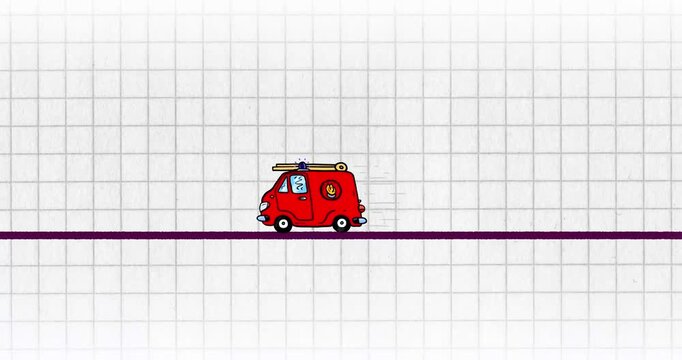 Fire brigade small car on exercise book grid. Fast driving seamless loop cartoon animation paper card page seamless loop with drawing fat line.