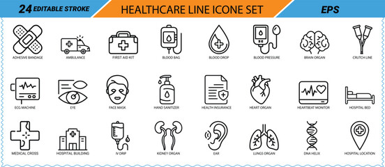Healthcare line icon set. Ambulance, first aid, IV drip, blood pressure, brain, DNA, heart rate, mask, sanitizer, ECG, bed, hospital, syringe, kidneys, lungs. Vector EPS. © Bellal Icon Studio