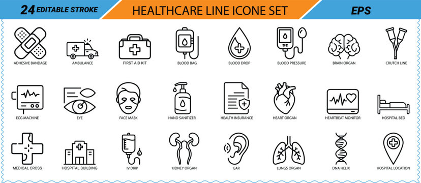 Healthcare line icon set. Ambulance, first aid, IV drip, blood pressure, brain, DNA, heart rate, mask, sanitizer, ECG, bed, hospital, syringe, kidneys, lungs. Vector EPS.