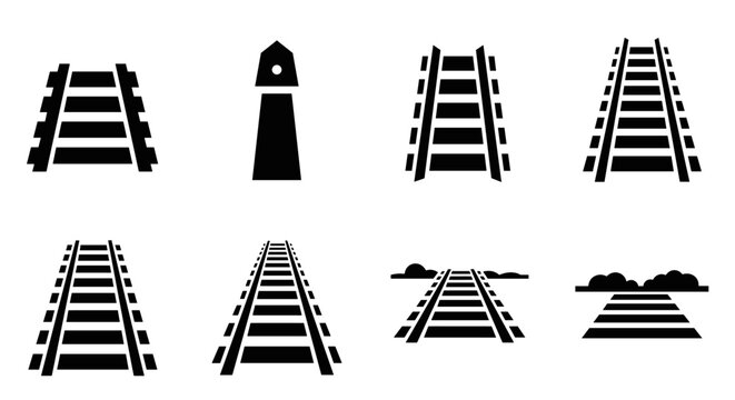 Railroad track icon set: minimalist silhouette designs for transportation themes