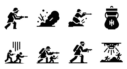 Obraz premium Retro military silhouettes: soldiers in action with explosions and battleship elements