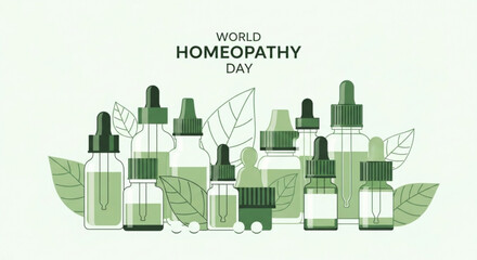 Naklejka premium World homeopathy day illustration with green dropper bottles and leaves on light background