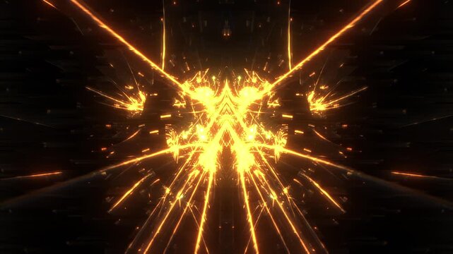 Core yellow gold neon light bright center glow sharp radial spikes mirrored symmetry dark background contrast luminous straight beams forming compact explosive light core clearly readable graphic
