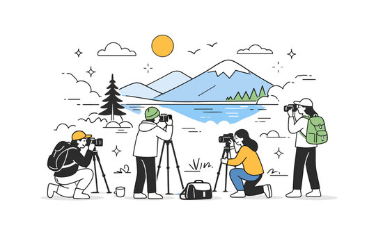 Seasonal outdoor photography meetups. Group capturing the same landscape from different angles, tripods and cameras placed lightly, sense of