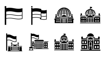 Fototapeta premium Stylish silhouette icons of government buildings and flags