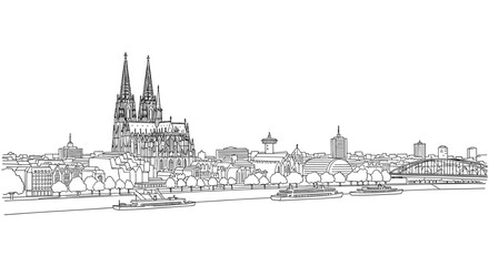 Naklejka premium Cologne cityscape with iconic cathedral and rhine river in linear art style