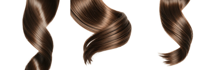Fototapeta premium Realistic Brown Hair Curls Set - Healthy Shiny Brunette Hair Strands and Wavy Extensions for Salon, Hair Care, and Beauty Products Isolated on White Background